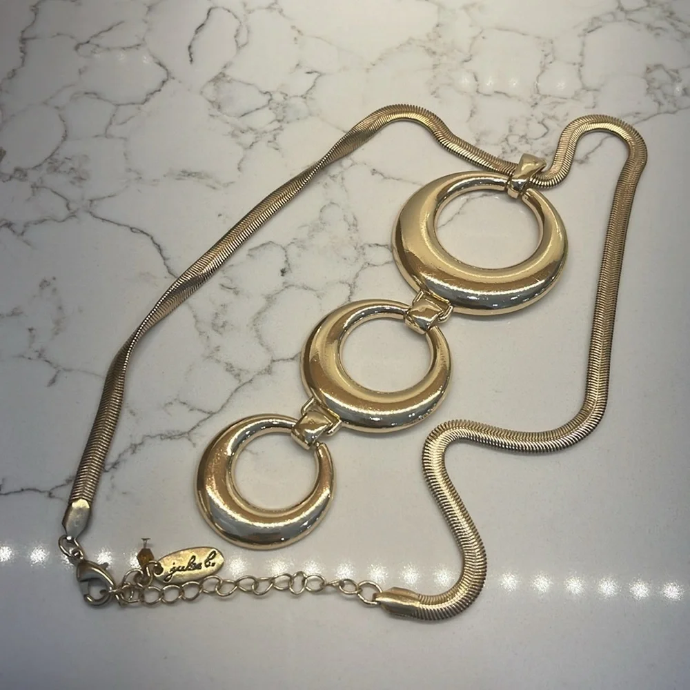 Designer Jules B Modernist Multi Circular 3 Hoop Pendant on a Long Snake Chain